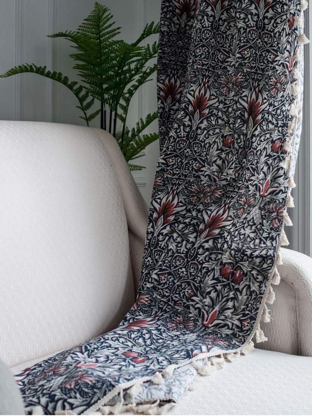 Amazon Navy Floral Throw Blanket with Red Accents and Cream Tassels